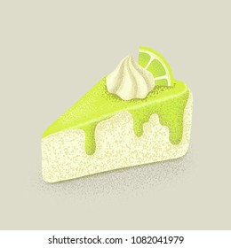 Piece of cake decorated with lemon slice. Cheesecake with topping and lime isolated. Cheese dessert. Vector illustration in dot style, retro vintage dots graphic art.
