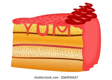 Un trozo de tarta con crema batida de color rojo profundo, decoraciones rojas y glaseado rosa cayendo en forma de palabra deliciosa