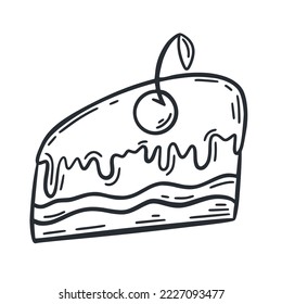 Piece cake doodle image. Cherry pie sketch. Black ink linear sweet holiday food. Baking outline vector image clip art