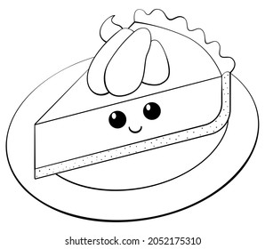 Piece of cake with eyes and smile outline monochrome icon. Cheesecake slice vector illustration isolated on white background.