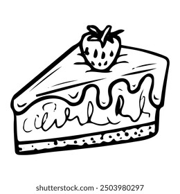 Piece of cake with filling hand drawn doodle. Sweet biscuit dessert food. Confectionery sugar pastry. Bakery product. Baked cheesecake with cream and strawberry. Vector outline line art illustration.