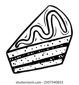 Piece of cake with filling hand drawn doodle. Sweet biscuit dessert food. Confectionery sugar pastry. Bakery product. Baked cake with cream. Cheesecake, tiramisu. Vector outline line art illustration.