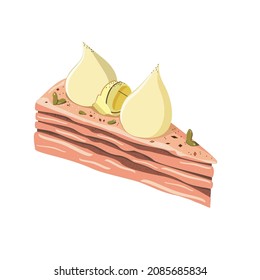Piece of cake  with filling and meringue and sprinkles on top isolated on white in digital flat technique vector illustration 