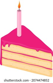 Kuchen zum ersten Geburtstag mit einer Kerze und rosafarbenem Eis. Für Mädchen. Vektorgrafik im Cartoon-Stil, einzeln auf weißem Hintergrund. Für Karten, Poster, Einladungen.