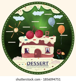 a piece of cake in the form of a house, on the roof is a cherry berry, with the inscription dessert, round sticker flat design