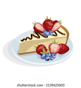 Piece of cake with fresh strawberries, blueberries.Cartoon vector graphics.