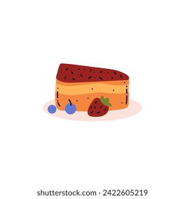 Piece of cake with fruit jam topping and berries on a plate vector illustration. Delicious baking food, sweet dessert. Fresh strawberry and blueberry. Eating disorder concept