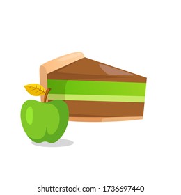 Piece of cake and green apple isolated on white. Vector illustration of dessert and fruit. Editable design element.