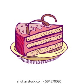 Piece of cake hand drawing. pie isolated. Dessert on white background. Sweet cakes. Cream and biscuit. Birthday confectionery food