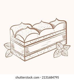 Piece cake hand drawn vintage engraving. Tiramisu sketch with mint leaves. Baking retro isolated vector illustration