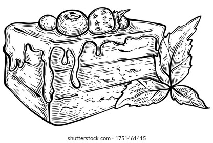 Piece of cake hand dtawn vector, engraving style.