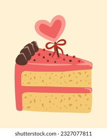 Piece of cake with a heart. Illustration of a cake with a heart and pink cream. Design element for greeting card, invitation, print, sticker. Illustration for birthday and valentine's day.