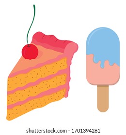 Piece of cake and ice cream on a white background, vector illustration