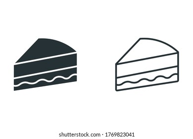Piece of cake icon in flat style, linear sweet pie isolated on white background, food business concept, vector illustration