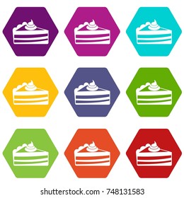 Piece of cake icon set many color hexahedron isolated on white vector illustration