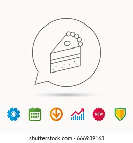 Piece of cake icon. Sweet dessert sign. Pastry food symbol. Calendar, Graph chart and Cogwheel signs. Download and Shield web icons. Vector