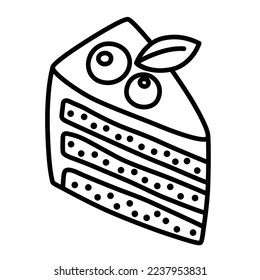 Icono de trozo de tarta, ilustración vectorial de doodle de productos de panadería, confitería con decoración de bayas, lindero aislado clipart sobre fondo blanco