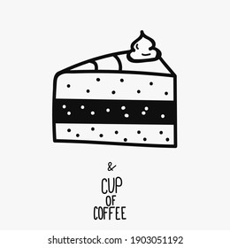 Piece of cake icon vector hand drawn doodle for cafe and business, linear black bakery symbol