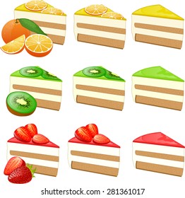 Piece of cake with jelly and fruit orange kiwi strawberry slices set of isolated vector illustrations