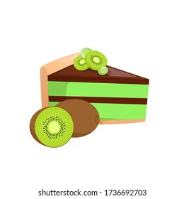 Piece of cake and kiwi isolated on white. Vector illustration of dessert and fruit. Editable design element.