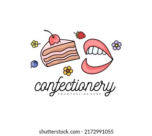 Piece cake, lips and mouth, flowers and berries, logo design. Food, meal, confectionery, pastry and bakery, vector design and illustration