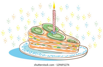 	Piece of cake lying on the saucer. Cake decorated with slices of kiwi and a burning candle.