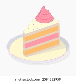 piece of cake made from layers of sponge cake and filling on a plate, on a white background