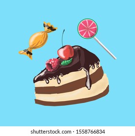 A piece of cake with melted chocolate is painted on a blue background, it has raspberries, cherries and a mint leaf. Next comes Lollipop and candy on a stick. Vector illustration