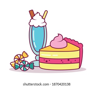 piece of cake and milkshake over white background, line and fill style, vector illustration