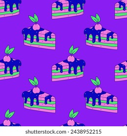 Piece of cake modern seamless pattern in doodle style. Trendy colorful sweet food background. Funky design with liquid cream and cherry. Repeat vector illustration for birthday party cafe restaurant