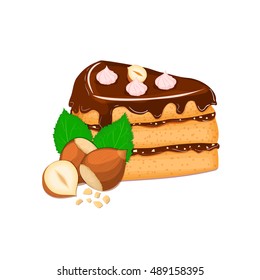 Piece of cake with nuts. Vector sliced portion of sponge cake with creamy hazelnut layer, decorated with chocolate cream and crushed walnut on white background for menu design, coffee, confectionery