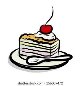 piece of cake on dish with spoon / cartoon vector and illustration, isolated on white background.