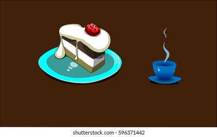 A piece of cake on a plate and a cup of hot beverage