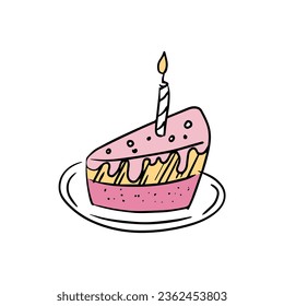 A piece of cake on a plate in doodle style on a white background. Festive concept. Hand drawn vector colored outline icon.