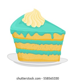 Piece of cake on plate. pie isolated. Dessert on white background. Sweets cakes. Cream and biscuit. Birthday confectionery food