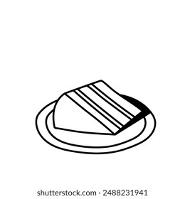 A piece of cake on a plate. Sweets. Dessert. Pie. Black and white vector illustration.