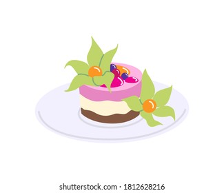 Piece of cake on plate vector flat illustration. Simple dessert with physalis berries and fruit sauce isolated on white background. Cartoon delicious dessert, sweet treat, tasty berry cheesecake.