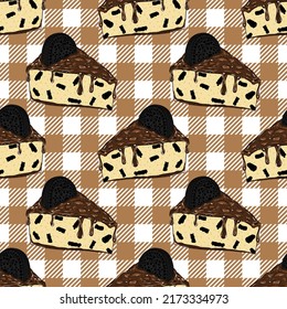 A Piece Of Cake On A Seamless Pattern. Oreo Cheesecake. Bakery Seamless Pattern. Wrapping Paper Pattern.