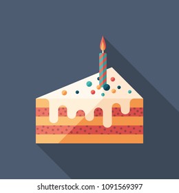 Piece of cake with one candle flat square icon with long shadows.