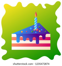 Piece of cake with one candle gradient flat icon with fluid background.