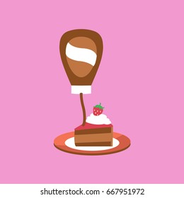 piece of  cake with one strawberry above & whipped cream vector on a plate flat design. sweet & tasty dessert.  