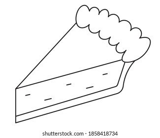 Piece of cake. Pastry with pumpkin. Vector illustration. Outline on an isolated white background. Doodle style. Sketch. Thanksgiving day symbol. Delicious snack cooked in the oven. Vegan food. 