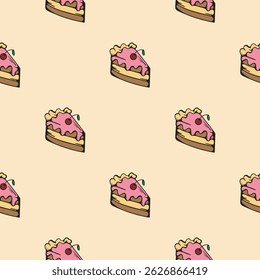 Piece of cake with pink cream and cherry. Bakery. Dessert. Vector seamless pattern for wrapping paper, print, textile. Bright background with cartoon illustration