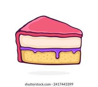 Piece of Cake with Pink Glaze Cream Fondant and Confiture. Dessert Food. Vector Illustration. Hand Drawn Cartoon Clip Art With Outline. Graphic Element for Design. Isolated on White Background
