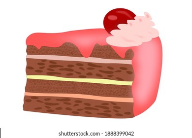 The piece of cake with pink icing, whipped cream and cherry