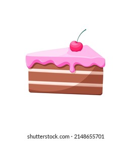 Piece of cake with pink Topping and a cherry. Slice of cake. Flat dessert illustration. Sweet. 