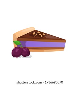 Pieza de pastel y ciruela aislada en blanco. Ilustración vectorial de postre y fruta. Elemento de diseño editable.