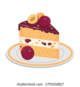 A piece of cake with prunes and a layer of souffle, decorated with plums and marmalade . Vector illustration in a flat style on a white background is isolated.