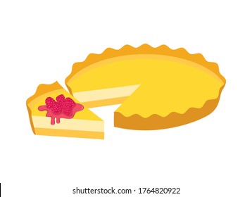 Piece of cake with raspberries icon vector. Piece of cheesecake with raspberry sauce icon. Fruit cream pie icon isolated on a white background. Delicious fruit cake with raspberries vector