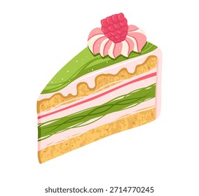 Stück Kuchen mit Himbeer bunte tropfende Glasur Textur Illustration. Süße helle Feiertage Bäckerei Kuchen Kunst. Vektor handgezeichnete Cartoon-Design für Menü-Schild, Vitrinendruck, Poster, Tapete